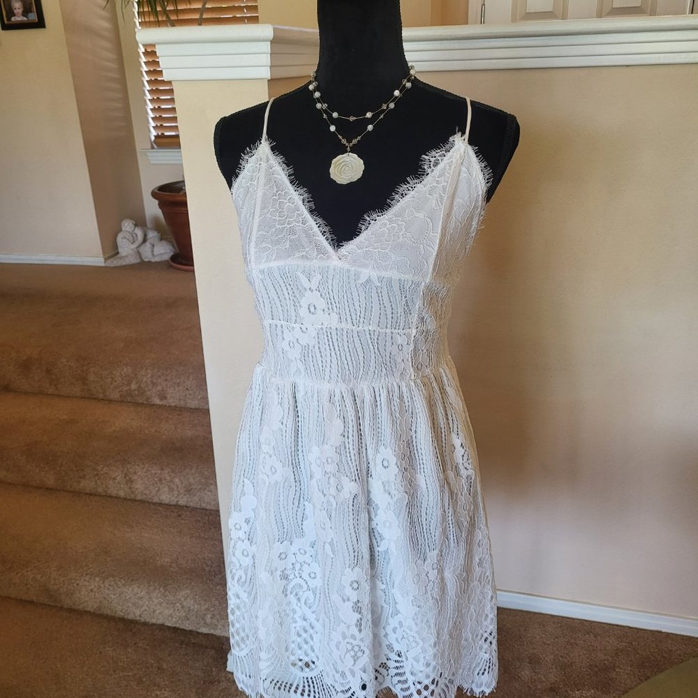 White Lace Spaghetti Strap Style Dress - Medium